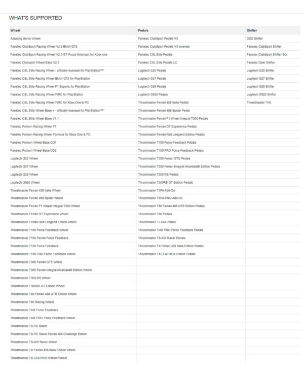 RC-GTSWS2 compatibility list